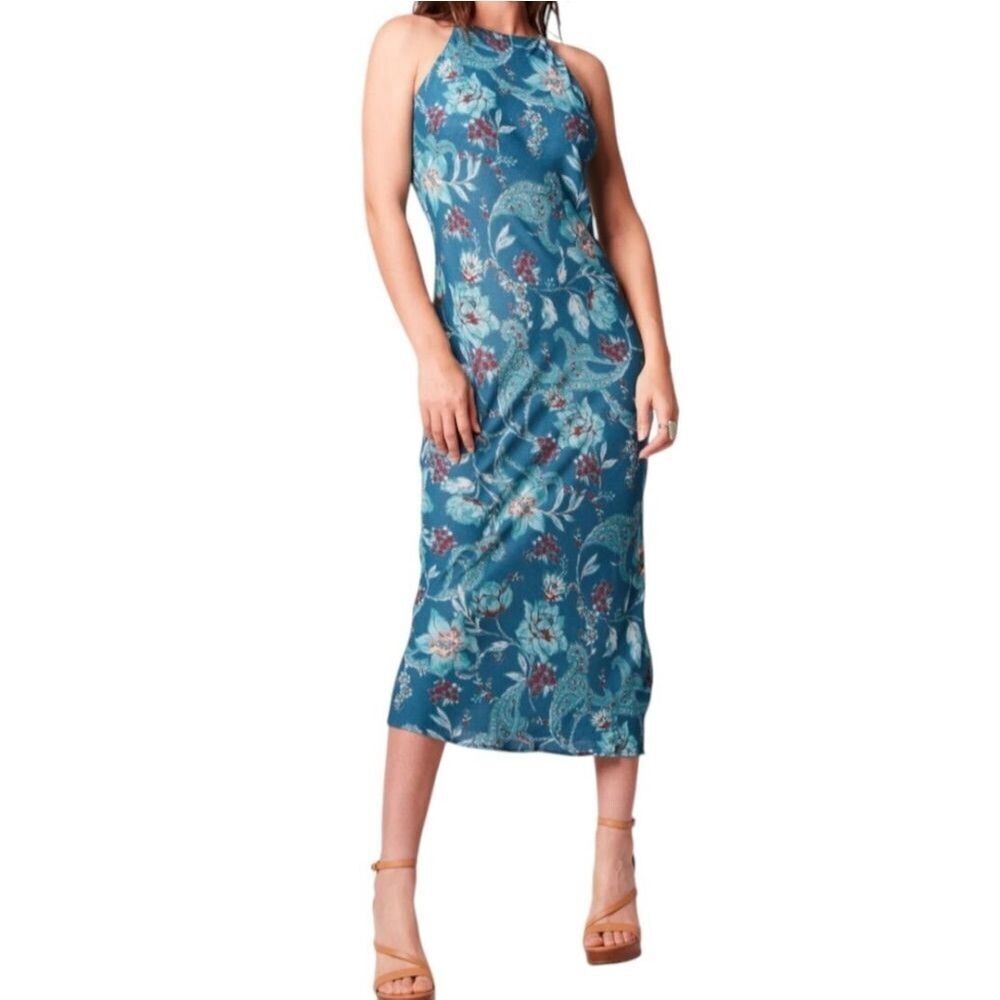 BOG Floral Cowl Back Bohemian Halter Midi Sheath Dress, Medium, Teal & White